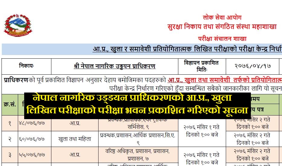 Exam Center Notice By Civil Aviation Authority of Nepal (CAAN)
