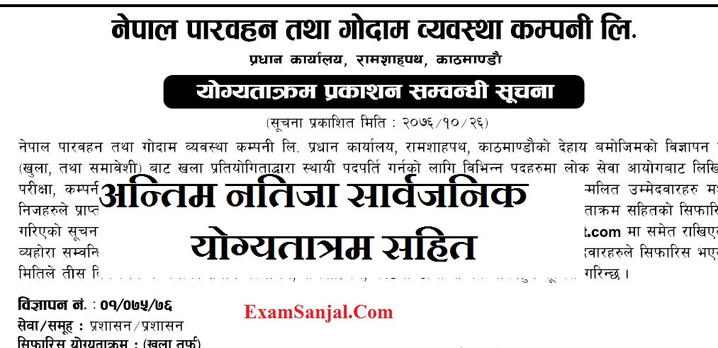 Nepal Parbahan Company Limited Final Result Published ( Final Result of Nepal Transit and Warehousing co. Ltd)