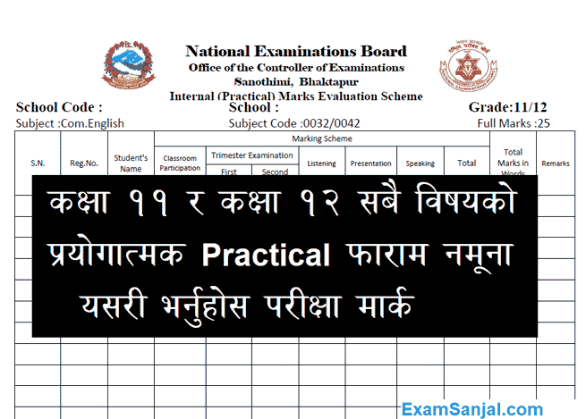 Class 11 Class 12 Practical Marks Form Exam Guideline NEB