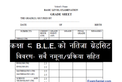 Class 8 BLE Exam Result Grade Sheet & Certificate Sample