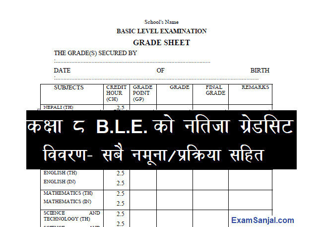 Class 8 BLE Exam Result Grade Sheet & Certificate Sample