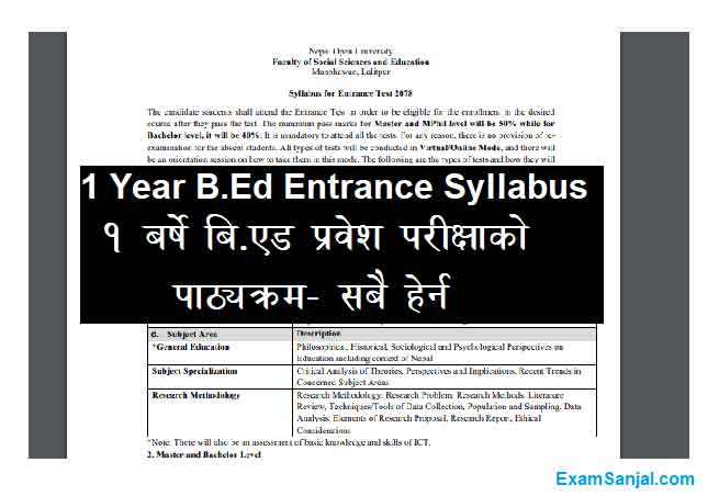 One Year BED Entrance Syllabus BEd Syllabus update NOU