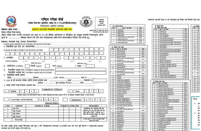 Class 11 Exam Registration Application Form Download NEB Exam Form Sample